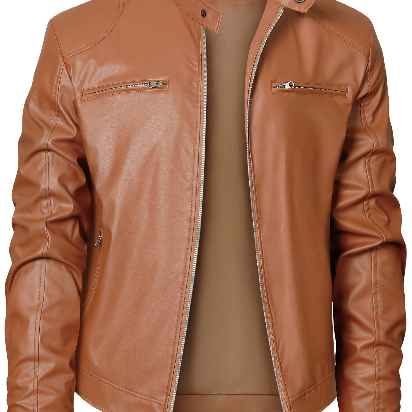 2023 Autumn And Winter New Zipper Cardigan Pocket PU Leather Small Stand Collar MotorcycleJacket Coat Men??s Coat - Image 3