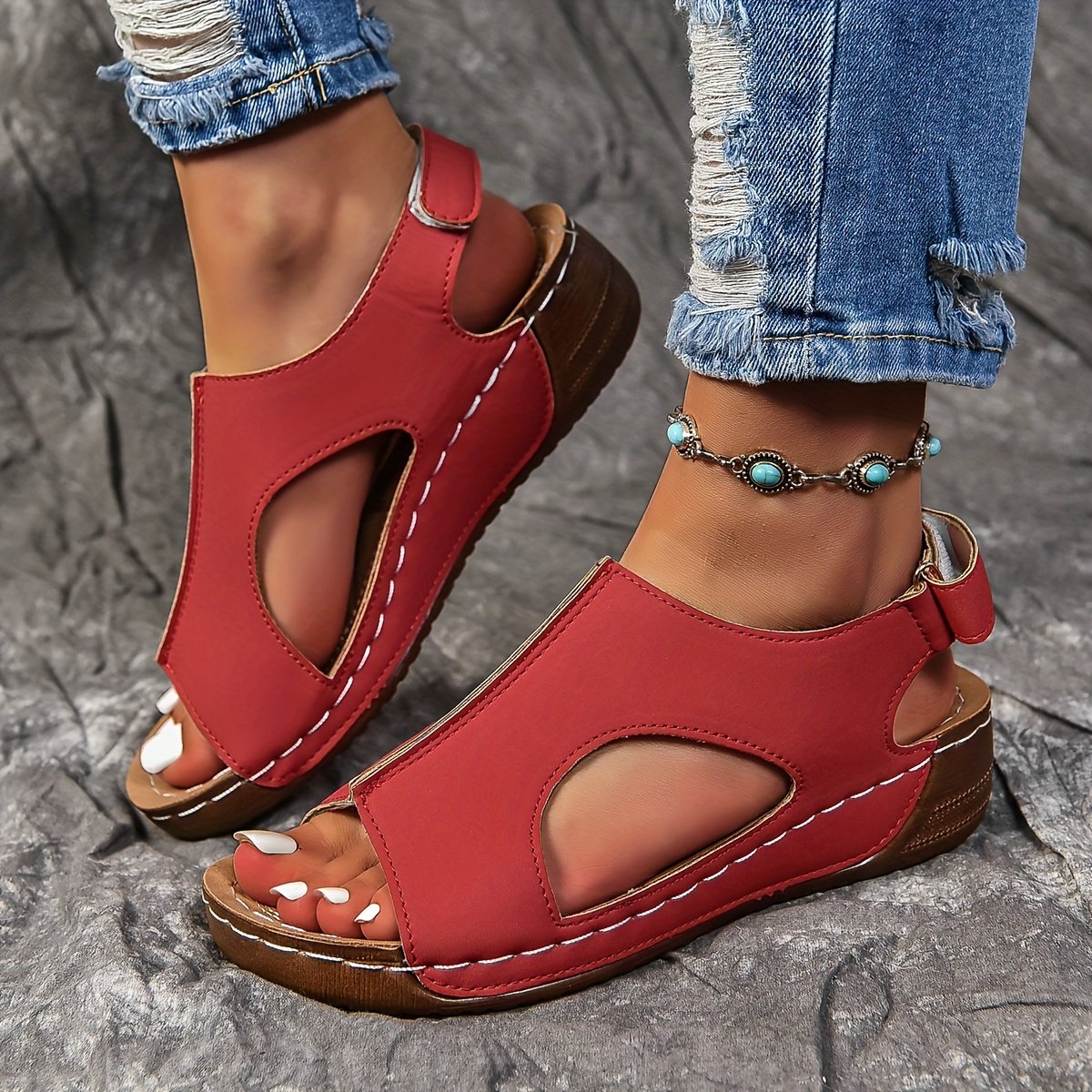 Women??s Solid Color Wedge Heeled Sandals, Casual Open Toe Platform Shoes, Comfortable Ankle Strap Sandals - Image 5
