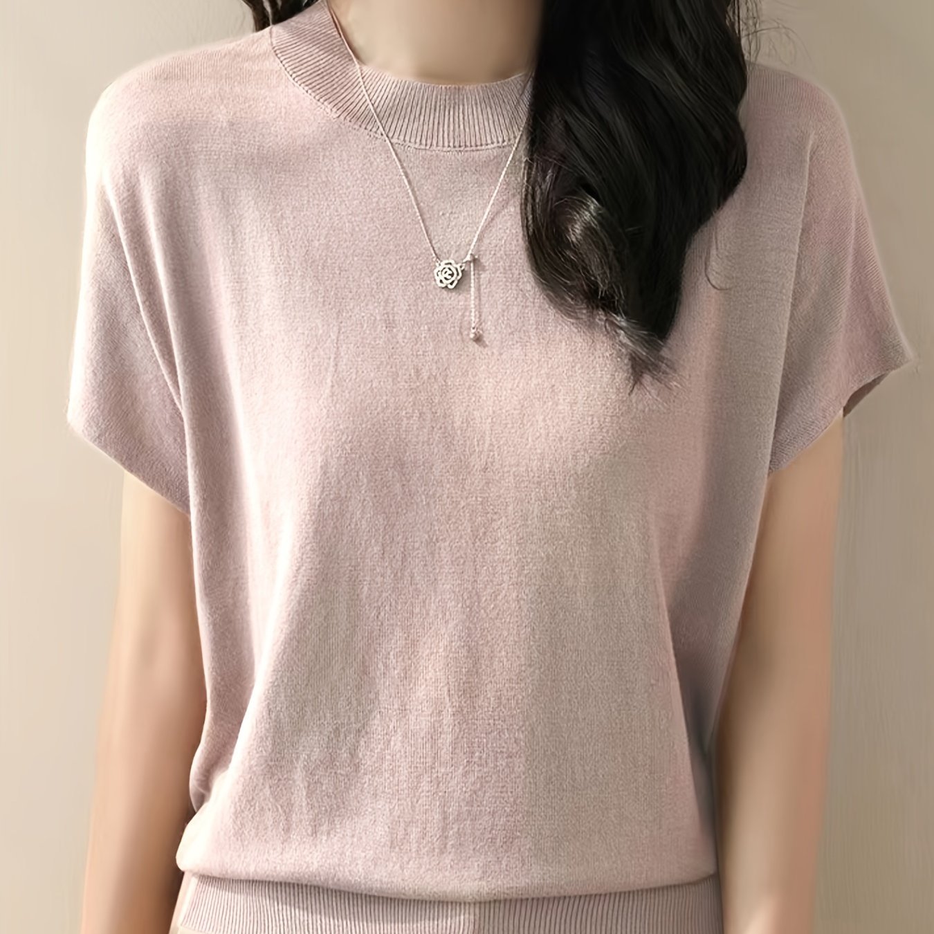 Solid Color Crew Neck Pullover Sweater, Casual Short Sleeve Ribbed Knitted Sweater For Every Day, Women??s Clothing - Image 2