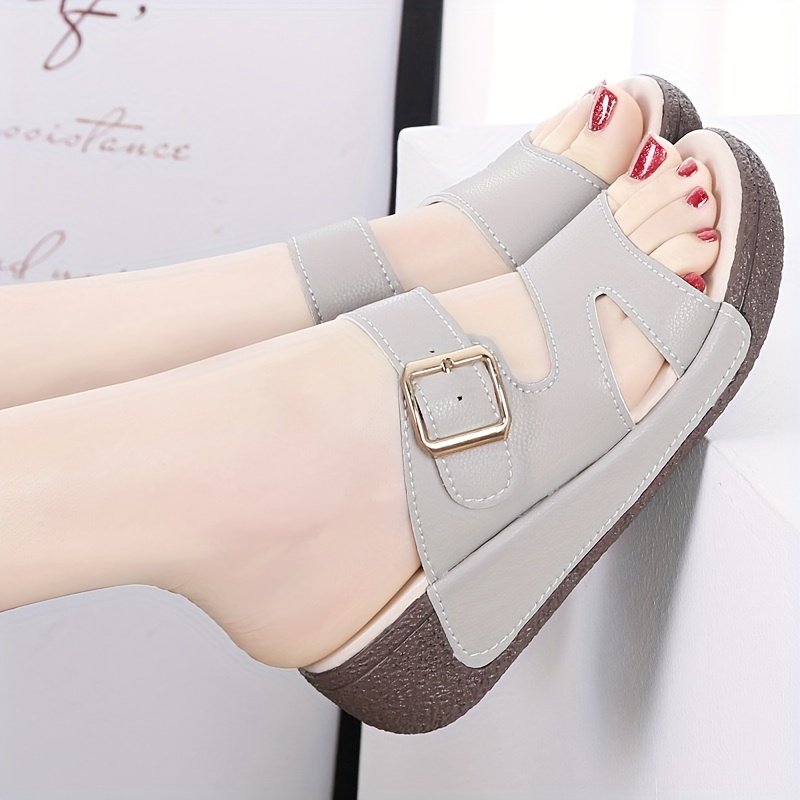 Women??s Solid Color Stylish Sandals, Buckle Belt Soft Sole Platform Slip On Shoes, Casual Summer Beach Shoes - Image 2