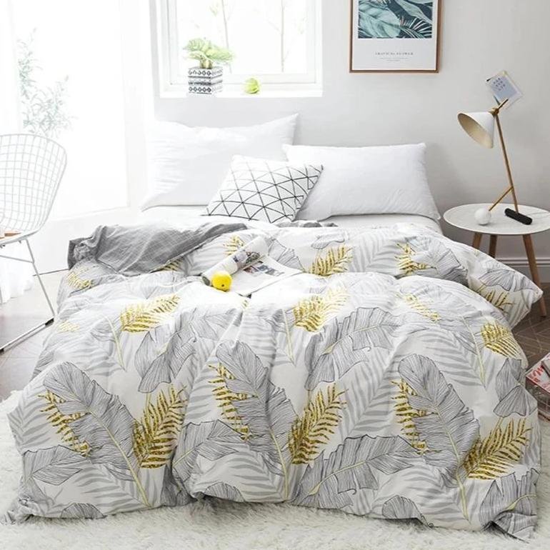 Gray / Gold 3-Piece Palm Leaf Pattern Duvet Cover Set