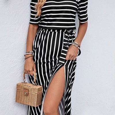 Stripe Print Off The Shoulder Split Side Dress
