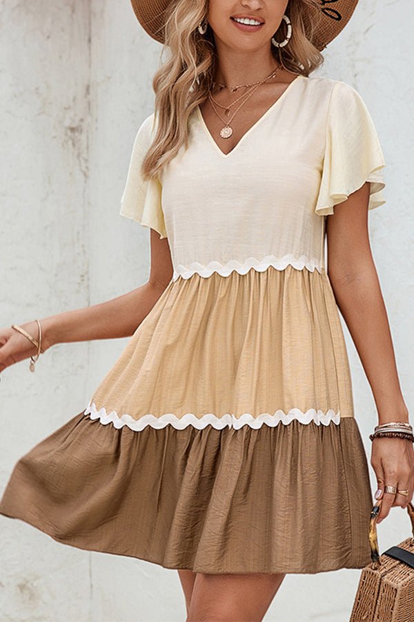 Color Block V Neck Ruffle Hem Casual Dress - Image 2