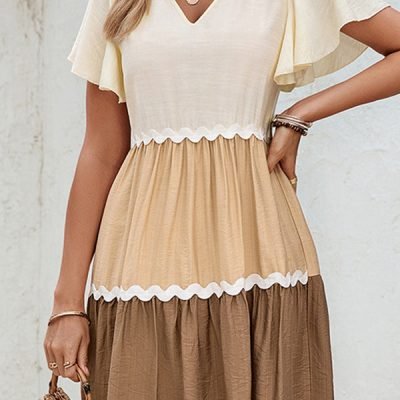 Color Block V Neck Ruffle Hem Casual Dress