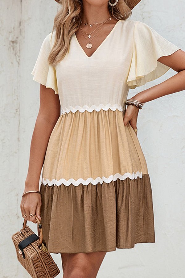 Color Block V Neck Ruffle Hem Casual Dress