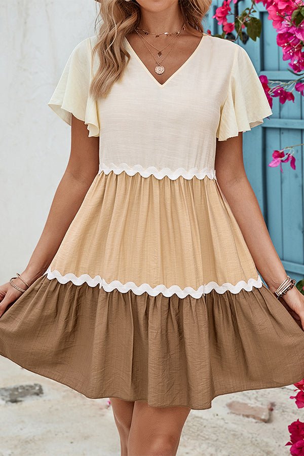 Color Block V Neck Ruffle Hem Casual Dress - Image 3