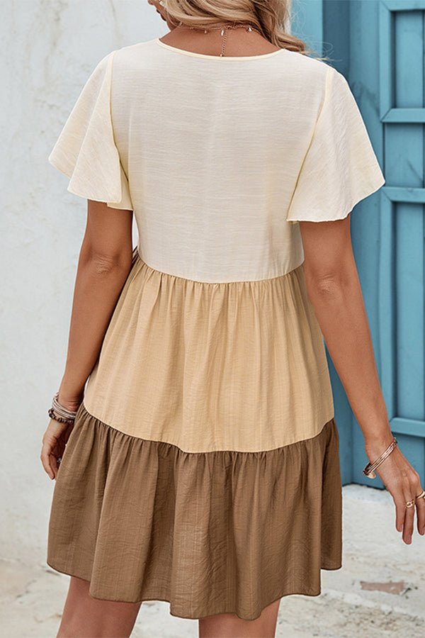 Color Block V Neck Ruffle Hem Casual Dress - Image 4