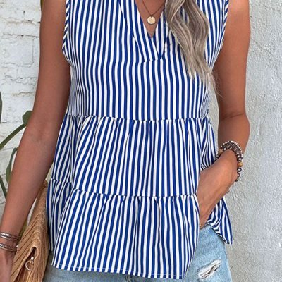 Stripe Print V Neck Ruffle Hem Tops