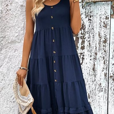 Solid Color Round Neck Button Up Casual Dress