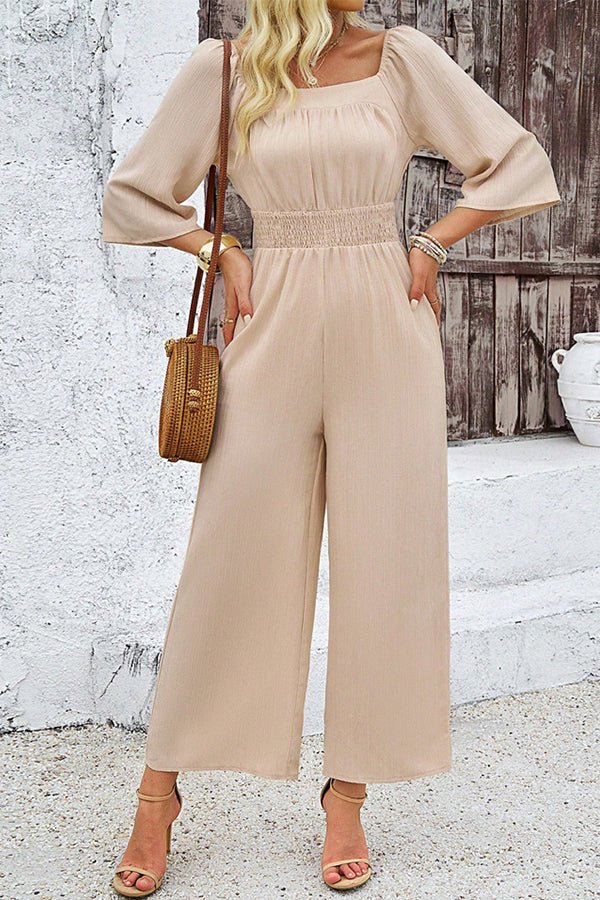 Solid Color Square Neck Smocked Casual Jumpsuit - Image 3