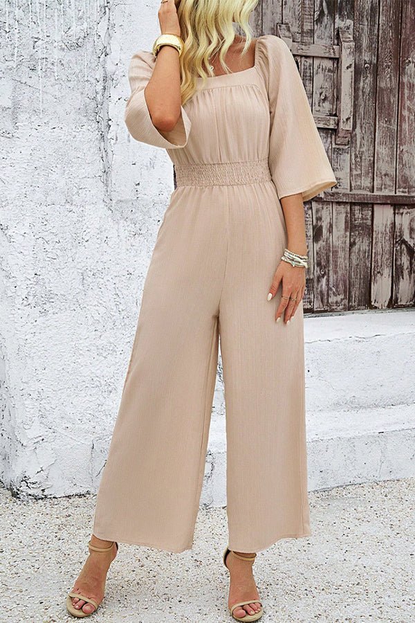 Solid Color Square Neck Smocked Casual Jumpsuit - Image 4