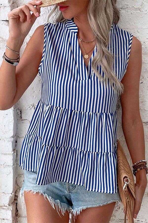 Stripe Print V Neck Ruffle Hem Tops - Image 2