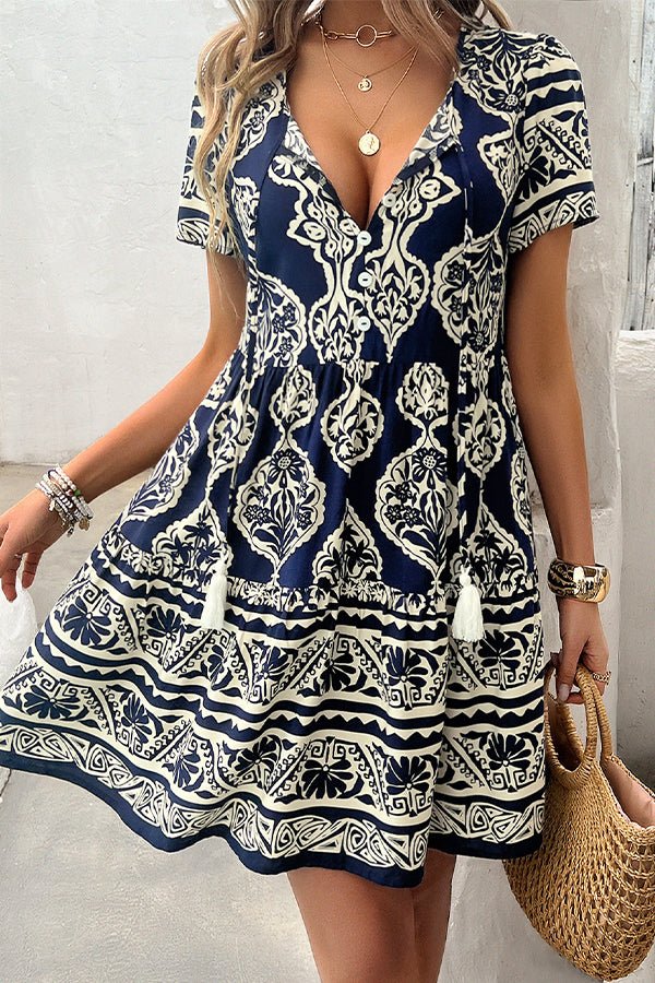 Fashion Printed V Neck Ruffle Hem Dress - Image 2