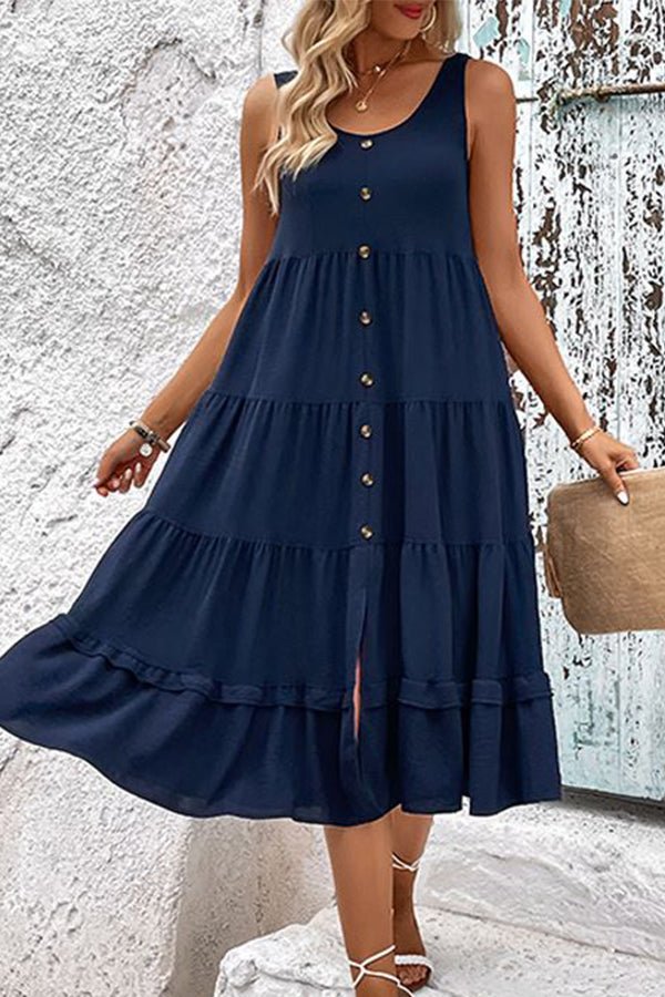 Solid Color Round Neck Button Up Casual Dress - Image 5