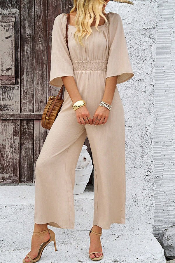 Solid Color Square Neck Smocked Casual Jumpsuit - Image 2