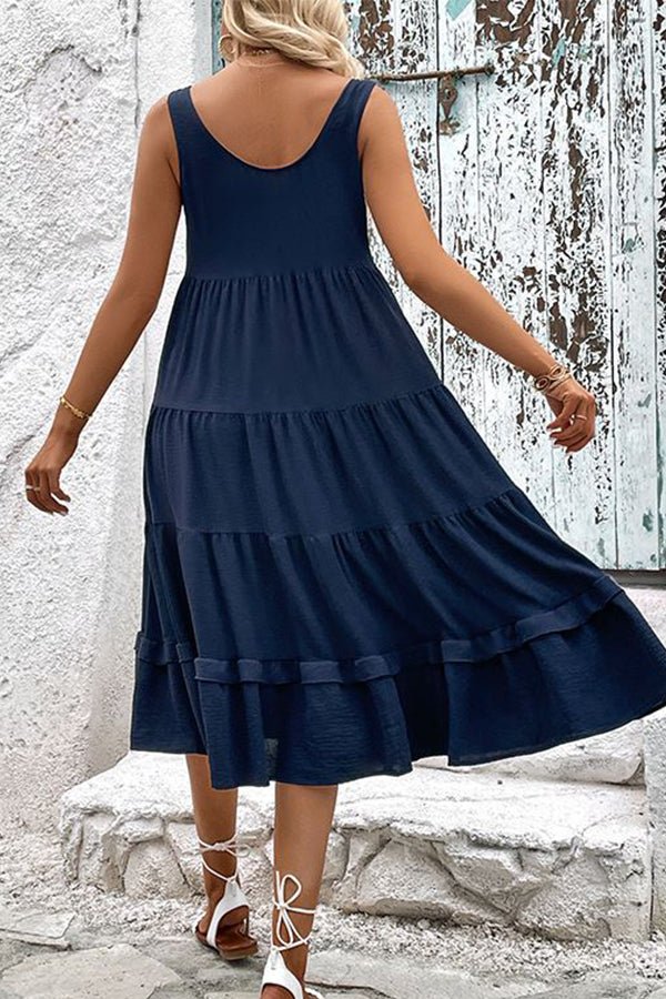 Solid Color Round Neck Button Up Casual Dress - Image 6