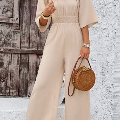 Solid Color Square Neck Smocked Casual Jumpsuit