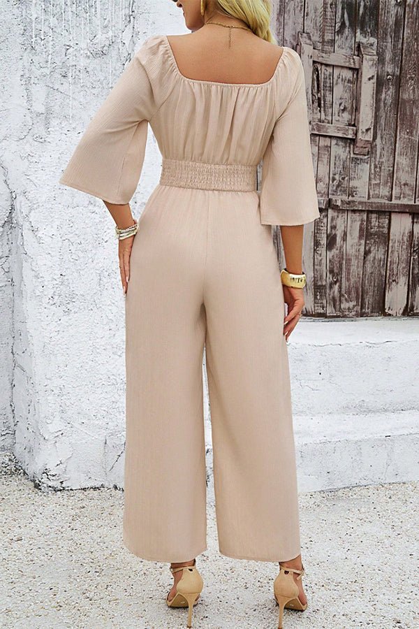 Solid Color Square Neck Smocked Casual Jumpsuit - Image 6