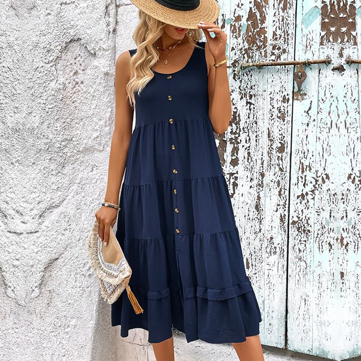 Solid Color Round Neck Button Up Casual Dress - Image 7