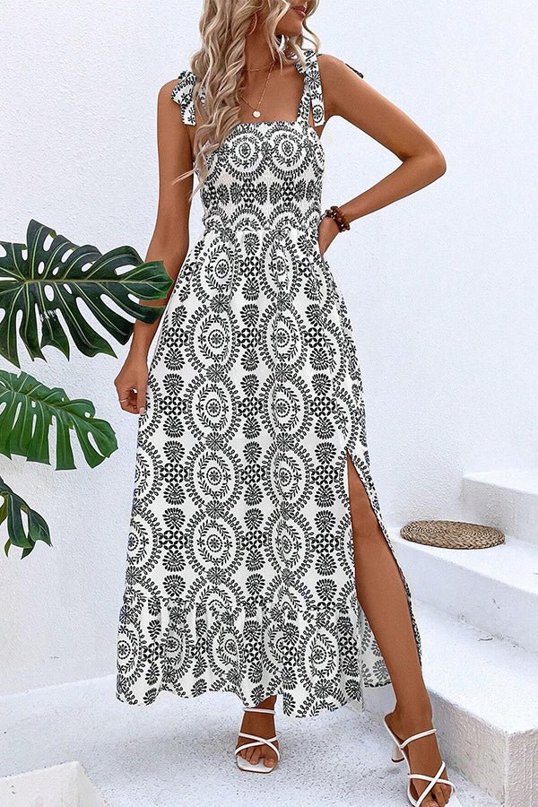 Fashion Printed Tie Shoulder Smocked Maxi Dress - Image 3