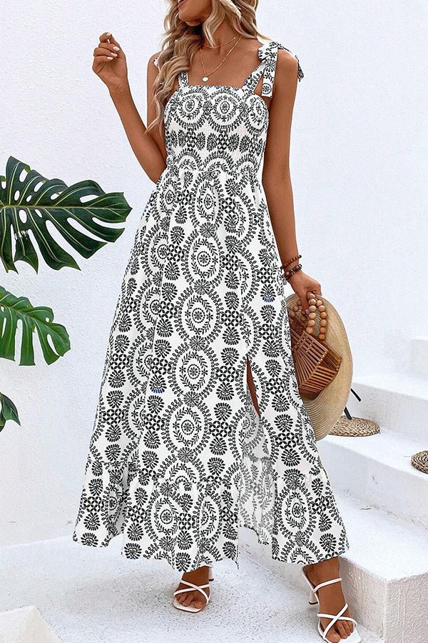 Fashion Printed Tie Shoulder Smocked Maxi Dress