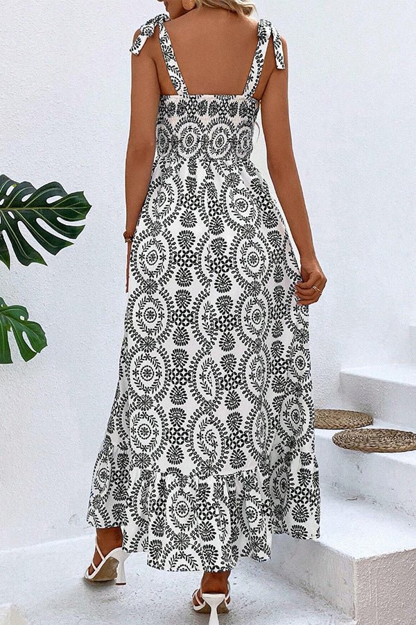 Fashion Printed Tie Shoulder Smocked Maxi Dress - Image 4