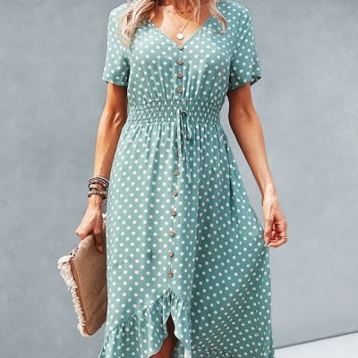 Dots Print High Waist V Neck Casual Dress