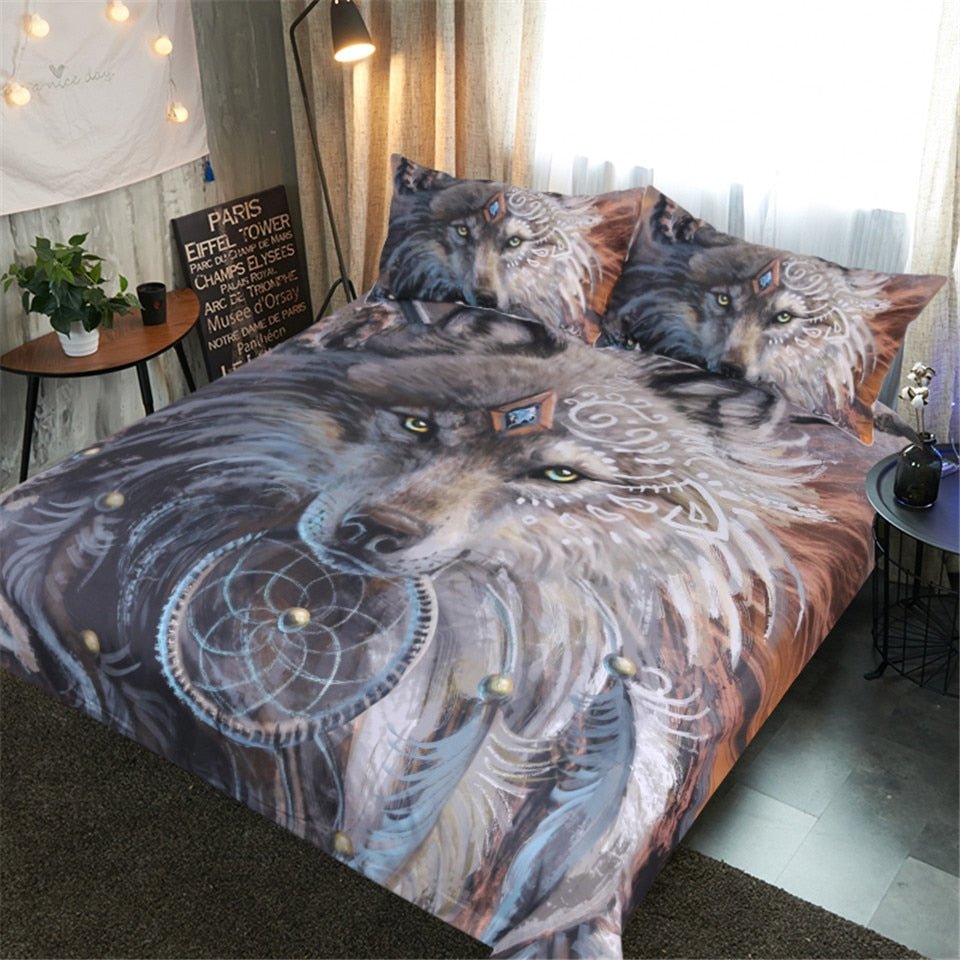3-Piece Wolf Warrior by SunimaArt Tribal Duvet Set - Image 2