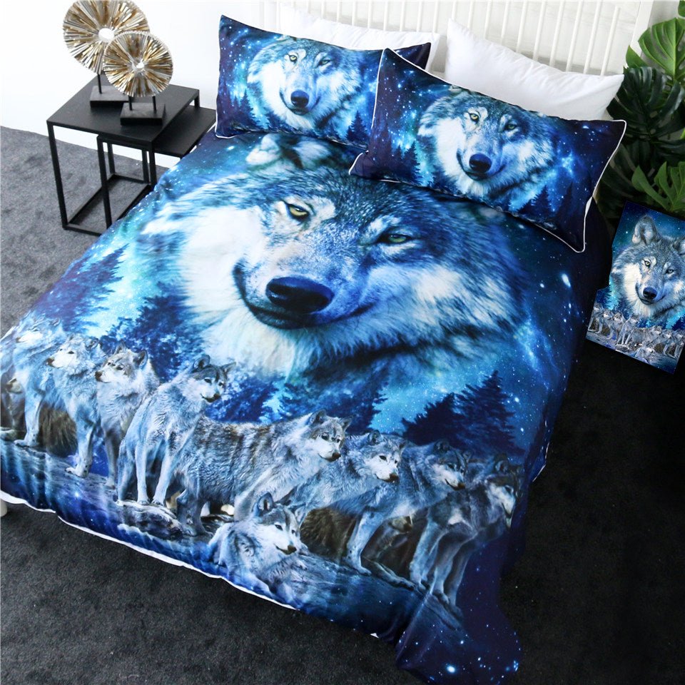 3-Piece Blue Night Sky Wolf Pack Duvet Cover Set - Image 2