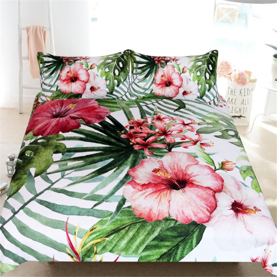 3-Piece Pink Floral Palm Leaf Print Duvet Cover Set - Image 3
