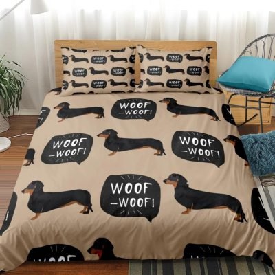 Brown 2/3-Piece Woof Woof Dachshund Dog Duvet Cover Set