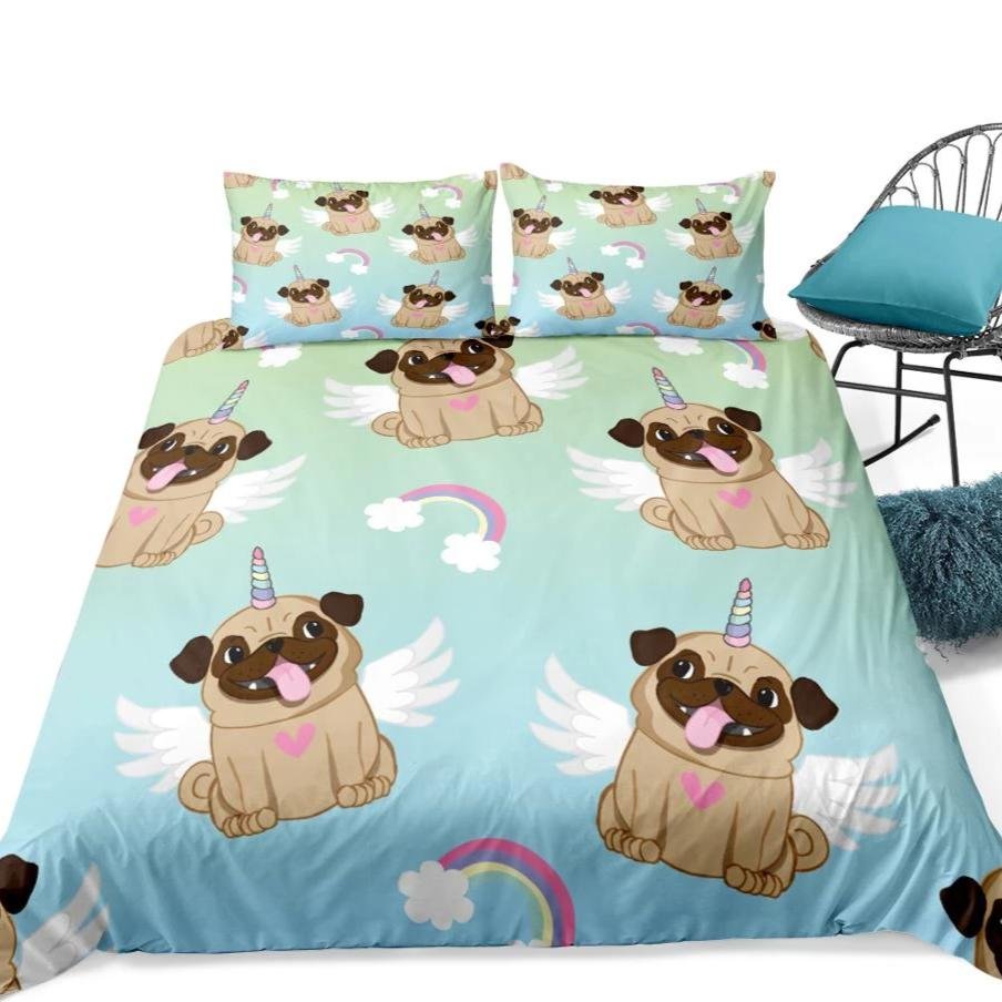 Teal 2/3-Piece Cartoon Unicorn Pug Pattern Duvet Cover Set - Image 4