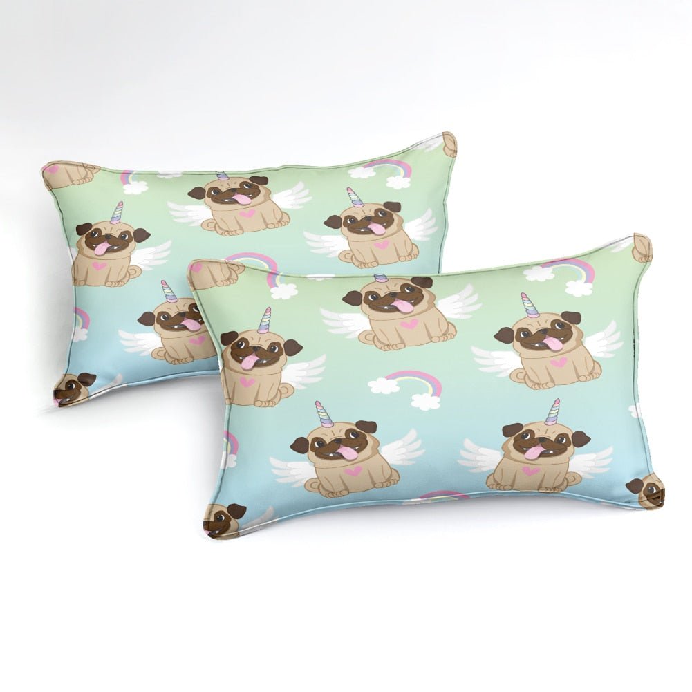 Teal 2/3-Piece Cartoon Unicorn Pug Pattern Duvet Cover Set - Image 2