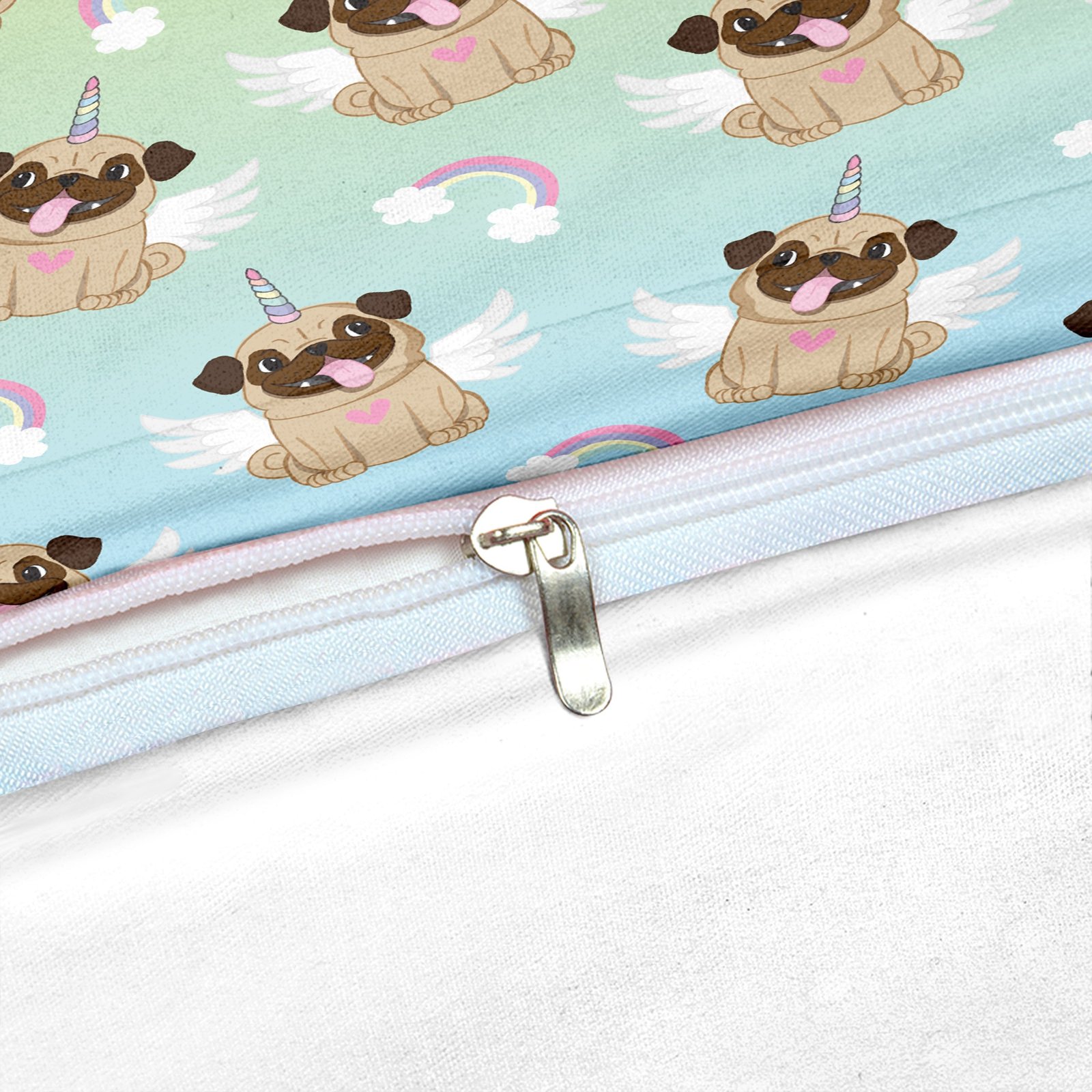 Teal 2/3-Piece Cartoon Unicorn Pug Pattern Duvet Cover Set - Image 3