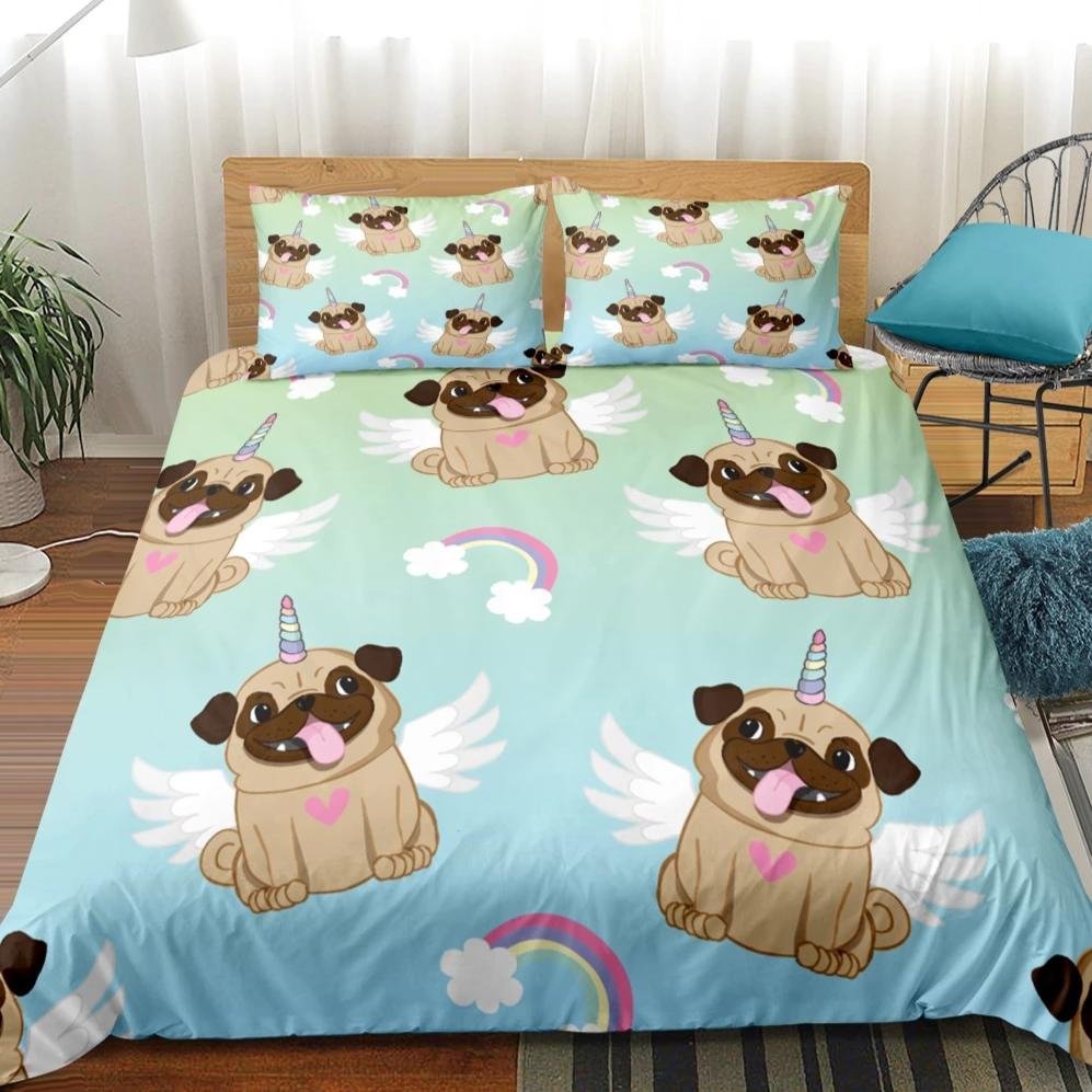 Teal 2/3-Piece Cartoon Unicorn Pug Pattern Duvet Cover Set