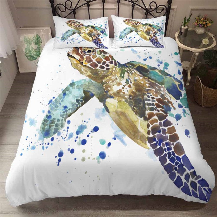 White 3-Piece Watercolor Sea Turtle Duvet Cover Bedding Set