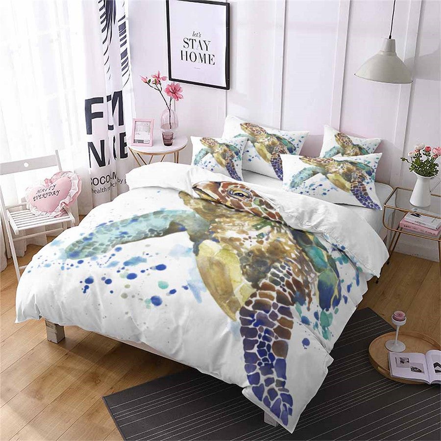White 3-Piece Watercolor Sea Turtle Duvet Cover Bedding Set - Image 2