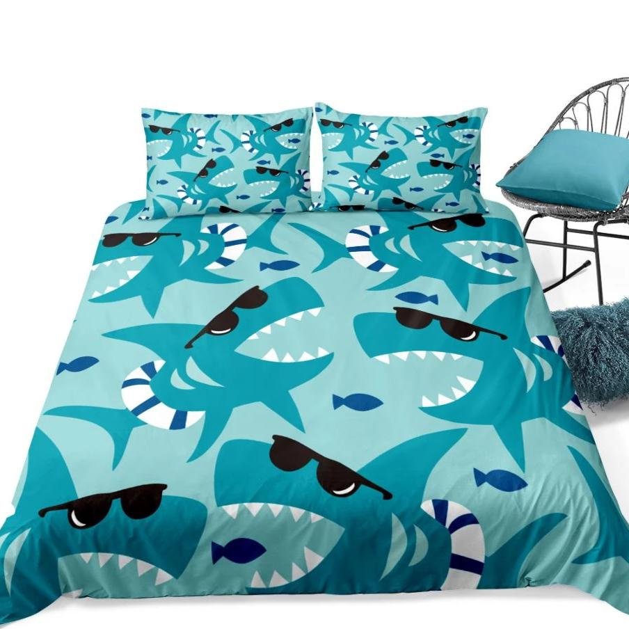 Blue 2/3-Piece Cool Cartoon Shark Pattern Duvet Cover Set - Image 4