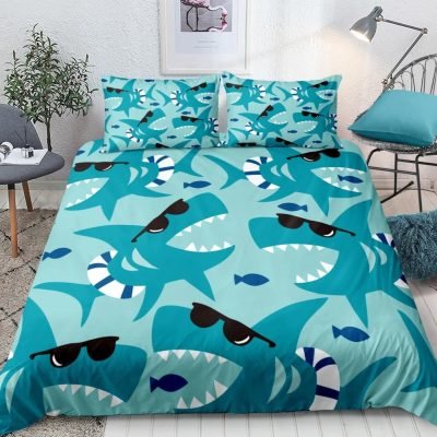 Blue 2/3-Piece Cool Cartoon Shark Pattern Duvet Cover Set