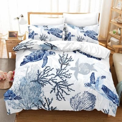 White / Blue 3-Piece Ocean Sea Turtle Print Duvet Cover Set