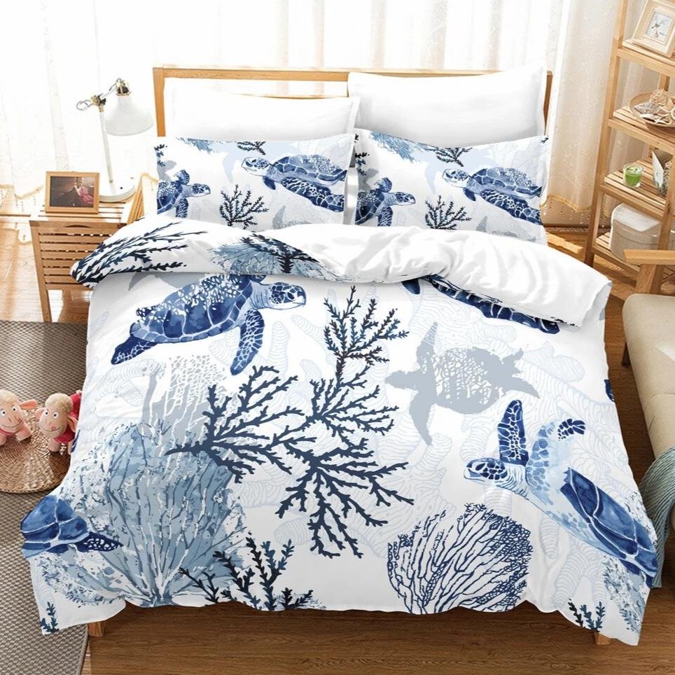 White / Blue 3-Piece Ocean Sea Turtle Print Duvet Cover Set