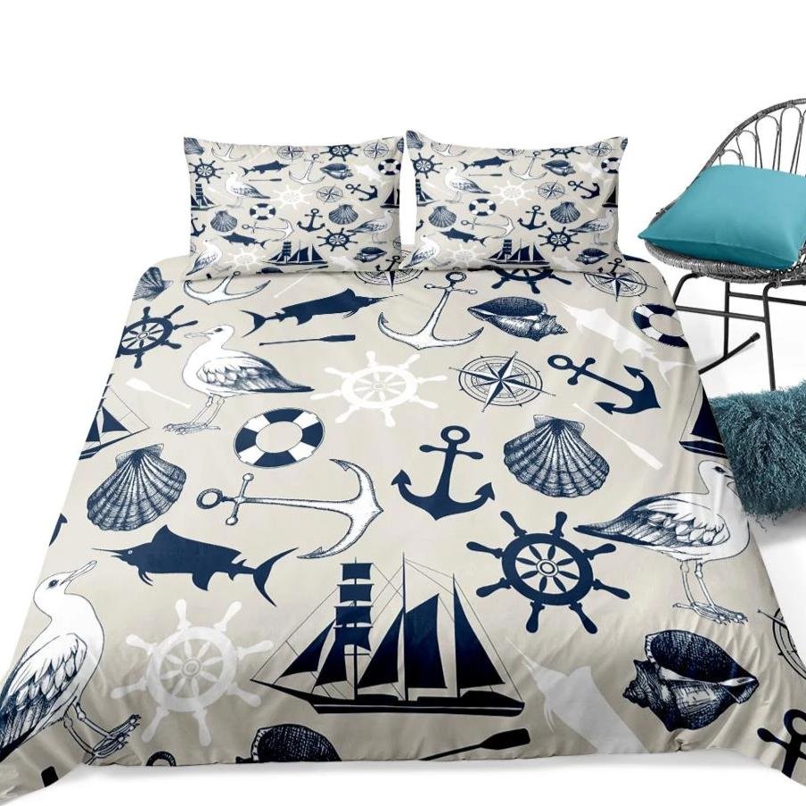 Beige / Navy 3-Piece Nautical Sailing Pattern Duvet Cover Set - Image 5