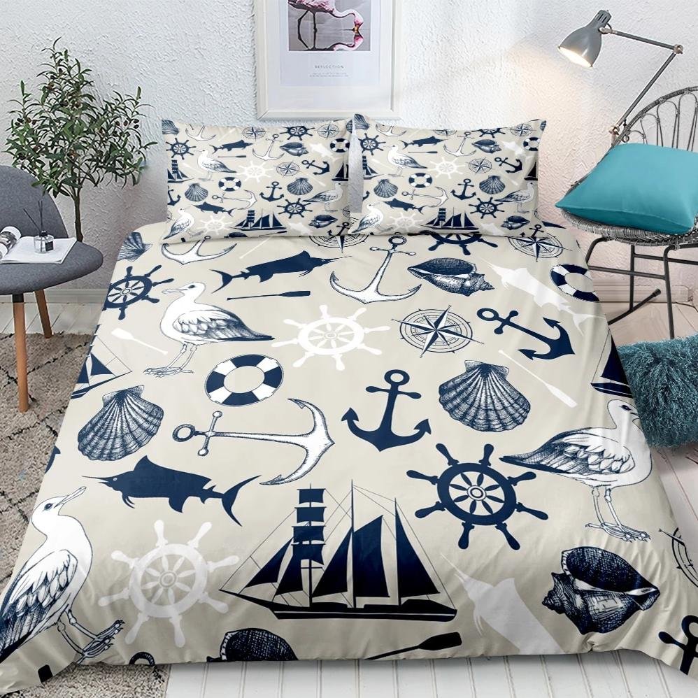 Beige / Navy 3-Piece Nautical Sailing Pattern Duvet Cover Set