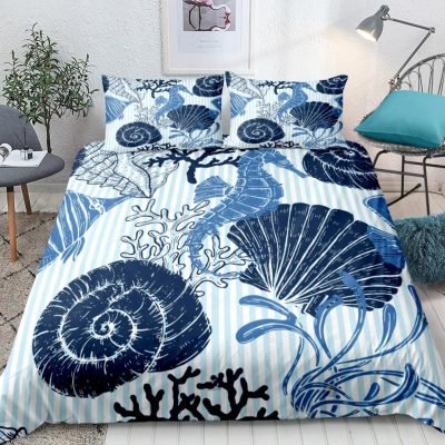 Blue 2/3-Piece Striped Nautical Ocean Sea Shell Print Duvet Set