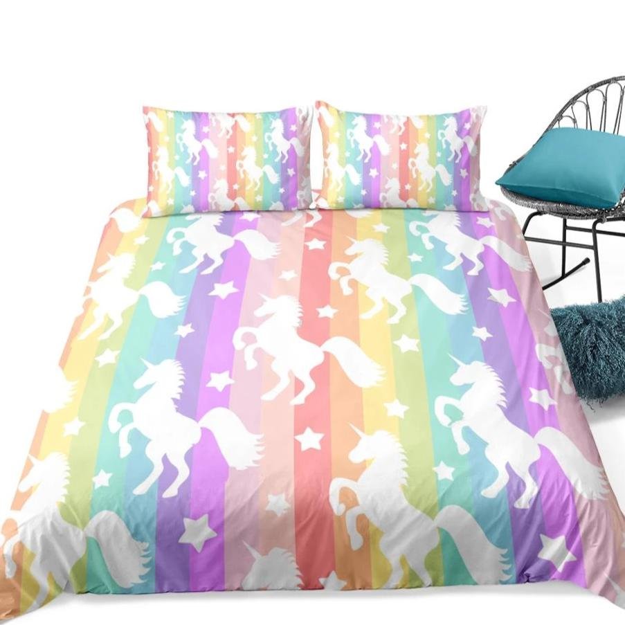 2/3-Piece Multi-Color Rainbow Unicorn Stripe Duvet Cover Set - Image 4