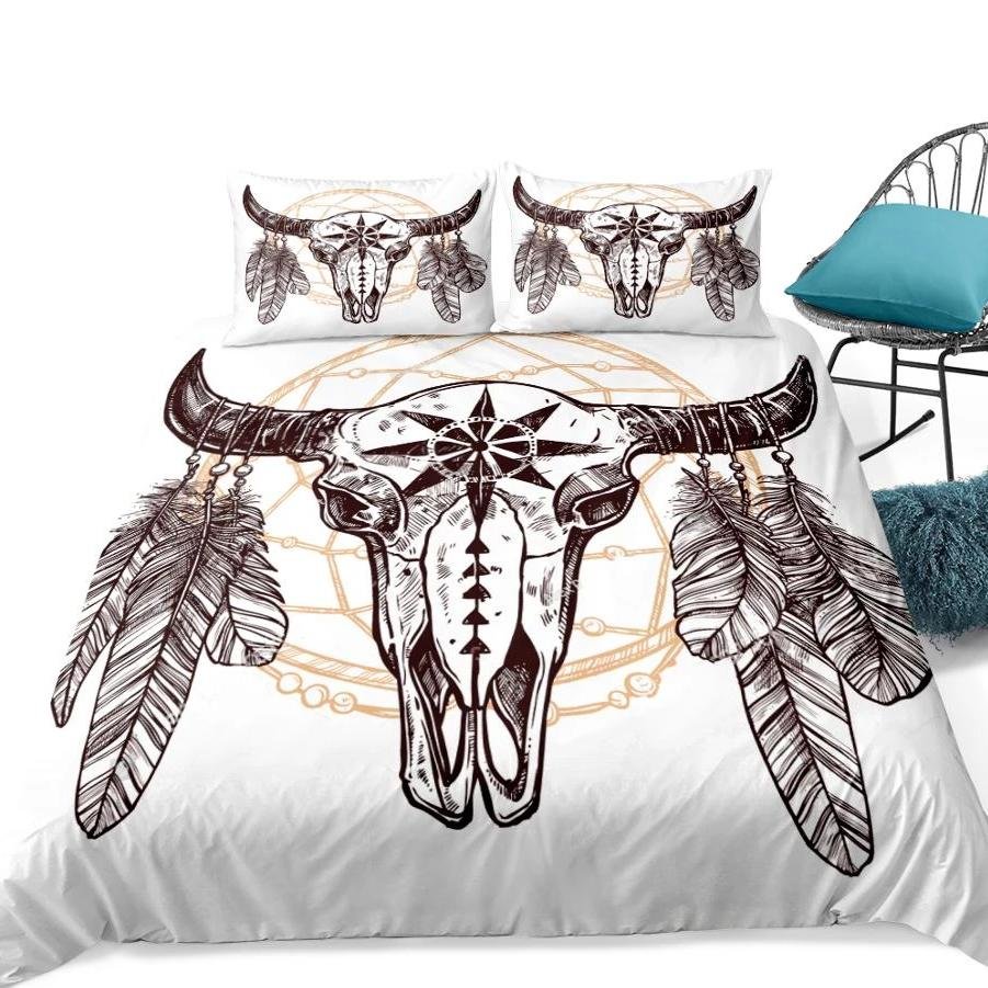 White 2/3-Piece Feather Sheep Skull Print Duvet Cover Set - Image 4