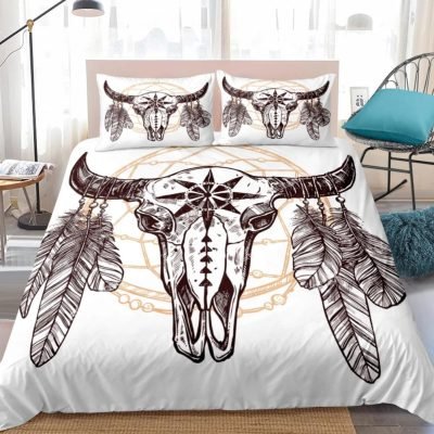 White 2/3-Piece Feather Sheep Skull Print Duvet Cover Set