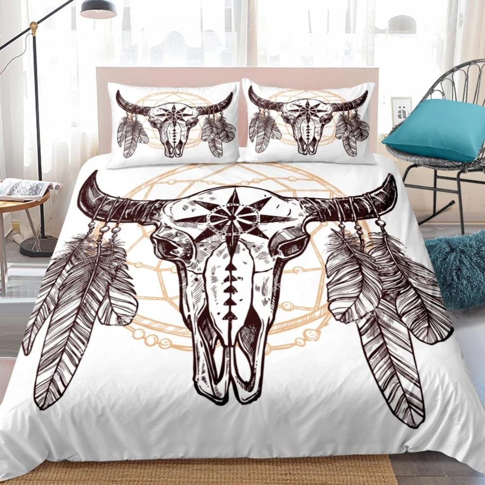 White 2/3-Piece Feather Sheep Skull Print Duvet Cover Set