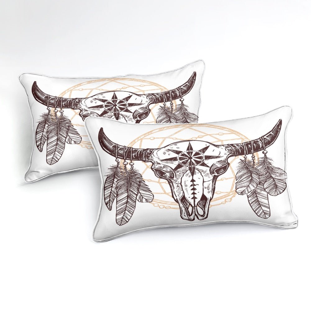 White 2/3-Piece Feather Sheep Skull Print Duvet Cover Set - Image 2