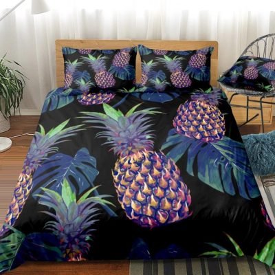 Black 2/3-Piece Fluorescent Pineapple Print Duvet Cover Set